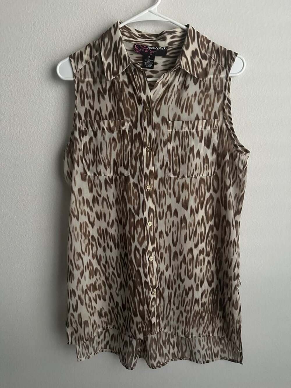 Peck & Peck Sleeveless Leopard Print Button Down Shirt Size M